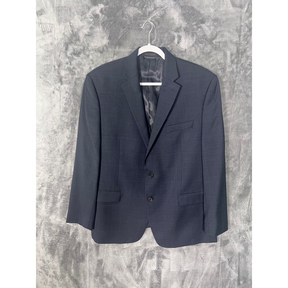 Navy Blue Windowpane Plaid Two Button Blazer Jacket Mens Professional Suit Coat
